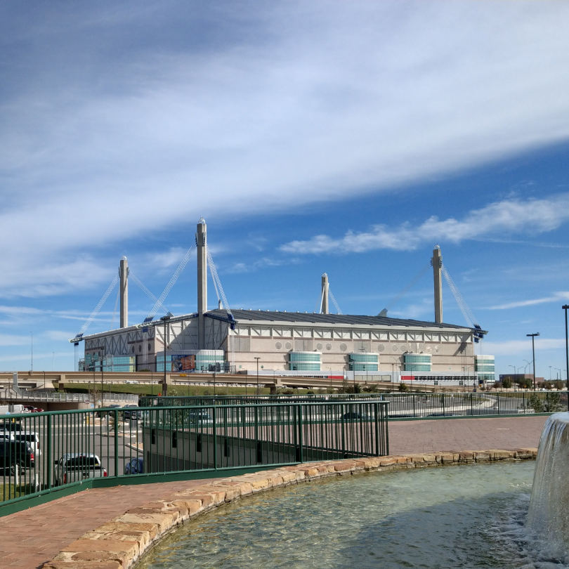 Alamodome exterior — cable-stayed roof and waterfront setting